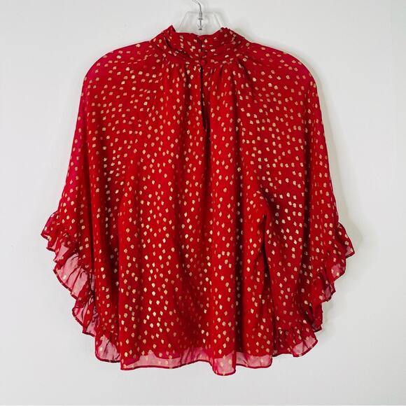Vince Camuto red gold dot ruffle high neck holiday Christmas top small - Picture 7 of 9
